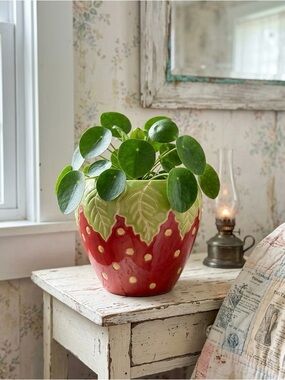 Strawberry Ceramic Planter - Handcrafted 9" Barrel Pot for Indoor Outdoor Plants